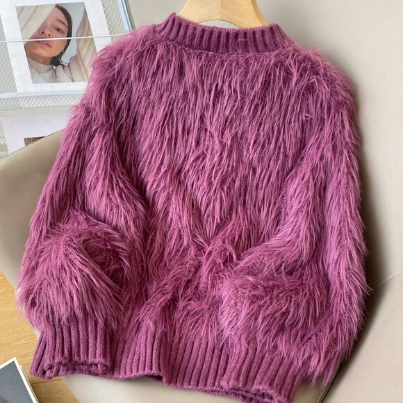 Purple Casual Women's Stand Collar Fuzzy Long Sleeve Sweater - Picture 2 of 7